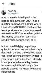 Social media influencer, Joshua Buernortey Boye-Doe, popularly on ‘X’ formerly ‘Twitter’ as Kalyjay has revealed that the New Patriotic Party (NPP) offered him $50,000 to put the party in good light in a bid to win the hearts of Ghanaians.