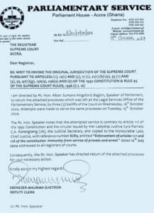 Speaker of Parliament, Alban Bagbin, has rejected a lawsuit from the Chief of Justice,Gertrude Araba Esaaba Torkonoo, that seeks to interpret Article 97(1) of the 1992 Constitution.