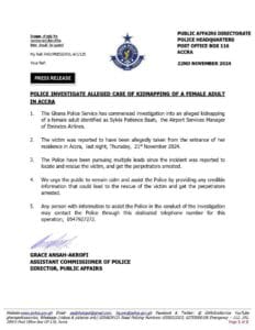 The Airpot Services manager for Emirates Airlines, Mrs Sylvia Patience Baah, has been Kidnapped outsude her home off the Spintex road in Accra.
