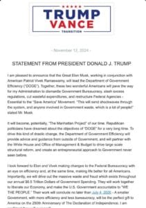 President of the United States of America Donald Trump has appointed Elon Musk to head the Depart of Government Efficiency (D.OG.E).