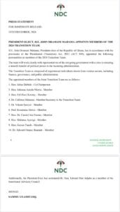 President-elect, John Dramani Mahama, has unveiled members of the transitional team which is in accordance with the provisions of the Presidential (Transition) Act, 2012 (ACT 845)