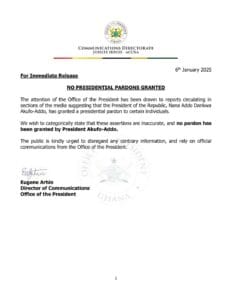 The Office of the President has dismissed media reports claiming that President Akufo-Addo had issued a presidential pardon to 11 convicted individuals.