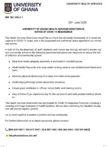 The Health Services Directorate of the University of Ghana, has issued a cautionary statement following fresh cases of COVID-19 which has been recorded