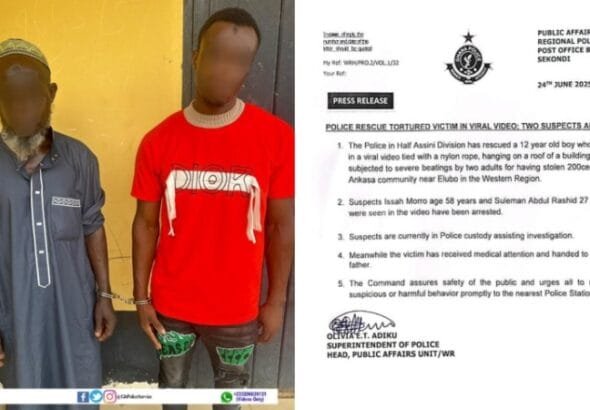 The Half Assini Divisional Police Command of the Ghana Police Service has arrested two individuals seen in a viral video beating a 12-year-old for allegedly stealing Ghs200