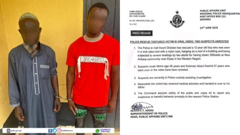 The Half Assini Divisional Police Command of the Ghana Police Service has arrested two individuals seen in a viral video beating a 12-year-old for allegedly stealing Ghs200