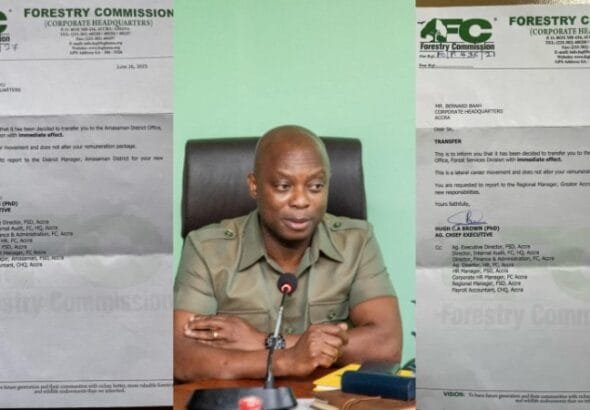 Dr. Hug Brown, the Chief Executive Officer (CEO) of the Forestry Commission, has transferred two staff members in a letter purportedly implicating him for allegedly awarding timber contracts without proper due diligence, involving an individual presumed to be a loyalist of the NPP.