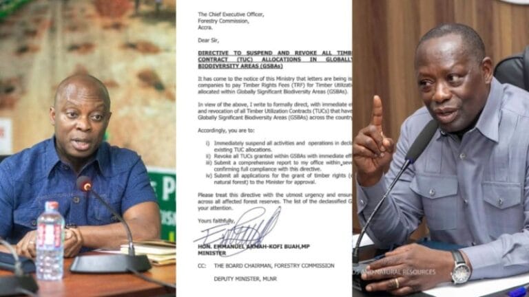 The Minister of Lands and Natural Resources, Emmanuel Armah-Kofi Buah, has ordered the Acting CEO of the Forestry Commission, Dr. Hug Brown to suspend and revoke all Timber Utilization Contracts (TUCs) awarded to timber merchants within protected areas for the purpose of harvesting legally sanctioned timber products.