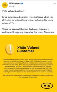 Telecommunication giant MTN Ghana has acknowledged a technical issue impacting data purchases, coinciding with the company's commitment to introduce new data offers today, July 1, 2025, as previously announced by the Minister for