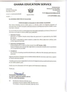 The 2025 Senior High School Placement has officially been released according to the Ghana Education Service (GES) in a statement dated September 17.