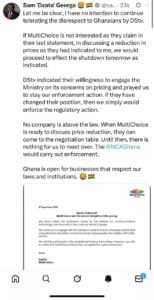 Sam George Threatens Immediate Shutdown of DSTV Over Pricing Issue