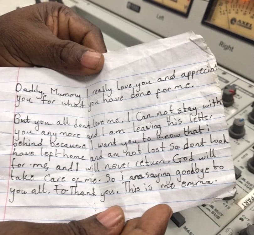 A 16-year-old boy's sudden and unannounced departure from home, accompanied by a note outlining circumstances that led to his action, has caused his parents much distress.