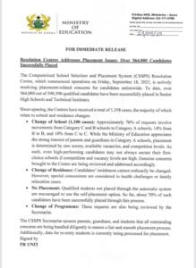 The Ministry of Education has revealed that the Computerised School Selection and Placement System (CSSPS) Resolution Centre, which commenced operations on Friday, September 18, 2025, is actively resolving placement-related concerns for candidates nationwide