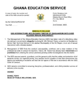 The Ghana Education Service (GES) has suspended Mfo Richard Tibetor, a male tutor at Okadjakrom Senior High Technical School in the Oti Region of Ghana, due to allegations of sexual misconduct