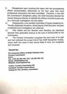 The Forestry Commission has addressed the ongoing media reports concerning two staff members, following claims that they were suspended after generating Ghs623,000 for the Commission.