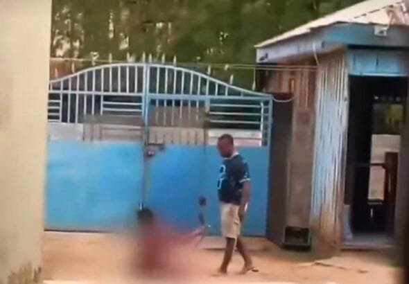 A disturbing video making rounds on social media has captured a landlord, John Odartey Lamptey, who is seriously beating his wife while she is undressed.