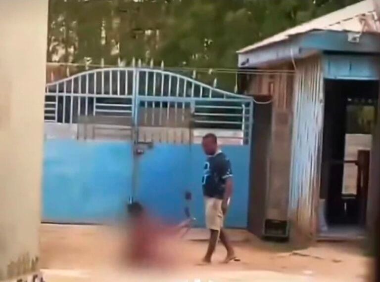 A disturbing video making rounds on social media has captured a landlord, John Odartey Lamptey, who is seriously beating his wife while she is undressed.