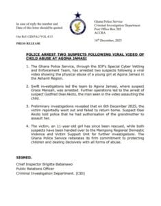 The Ghana Police Service has arrested two suspects sighted in a viral video physically assaulting a young girl at Agona Jamasi in the Ashanti region of Ghana.