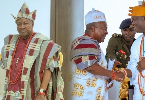 President John Dramani Mahama has been honored with the title of Aare Atayeto Oodua of the Source by Ooni Adeyeye Enitan Babatunde Ogunwusi, the Ooni of Ife, in Nigeria.