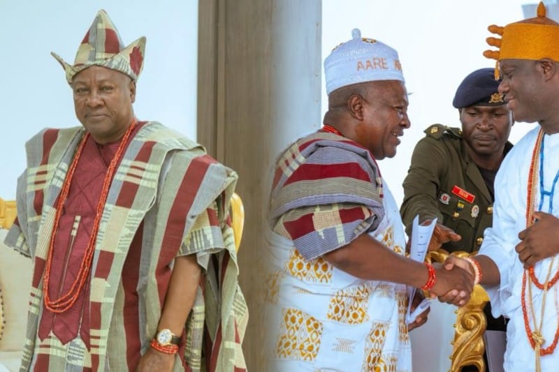 President John Dramani Mahama has been honored with the title of Aare Atayeto Oodua of the Source by Ooni Adeyeye Enitan Babatunde Ogunwusi, the Ooni of Ife, in Nigeria.