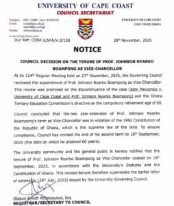 The Governing Council of the University of Cape Coast (UCC) has announced that Prof. Johnson Nyarko Boampong's term as Vice-Chancellor concluded on September 18, 2025, marking his 60th birthday.
