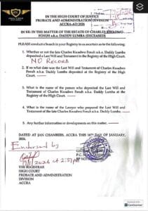 According to the records of The High Court of Justice, Probate and Administration Division in Accra, it looks like the late Highlife maestro, Charles Kwadwo Fosuh, popularly known as Daddy Lumba left behind no formally recognized will.