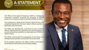 The Office of the Special Prosecutor has released a statement announcing the initiation of an investigation into the alleged diversion of 50 containers of palm oil, a situation that has resulted in a loss of GHS10.5 million for the country.