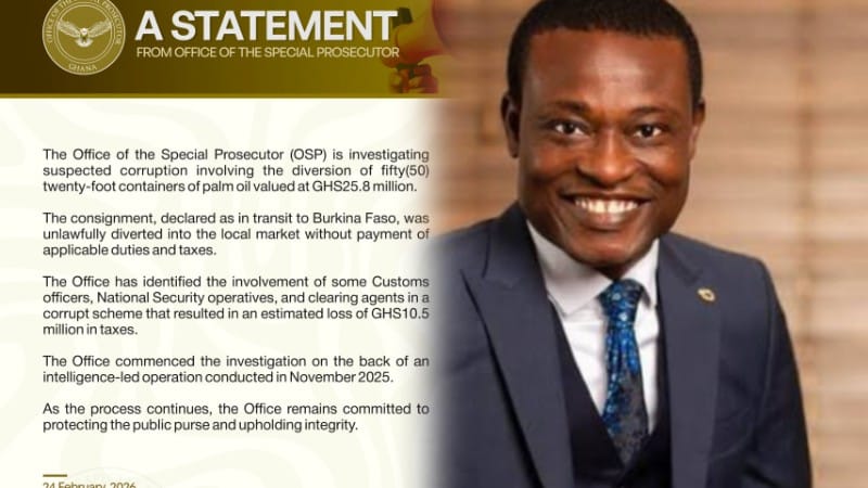 The Office of the Special Prosecutor has released a statement announcing the initiation of an investigation into the alleged diversion of 50 containers of palm oil, a situation that has resulted in a loss of GHS10.5 million for the country.