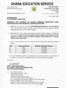 The Ghana Education Service (GES) has noted in a statement released Monday, April 20, that it has secured clearance from the Ministry of Finance (MOF) to start paying teachersarrears, covering a period from August 2014 to November 2025.