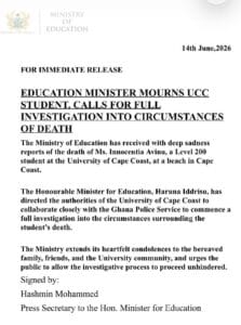 After learning of the death of the level 200 female student at the University of Cape (UCC), Education Minister Haruna Iddrisu expressed her profound sadness and demanded a comprehensive inquiry into the circumstances surrounding her demise.