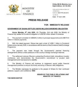 The government of Ghana through the Ministry of Finance has fulfilled the Eurobond obligation ahead of time