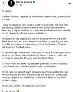 Carlos Queiroz has ended his journey with Ghana as the Head coach of the senior national team, the Black Stars in what he referred to as a timeless lesson football teaches everyone.&nbsp;