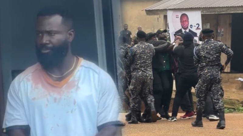 The Afigya Sekyere East parliamentary aspirant, Okatakyie Afrifa-Mensah, has been seen in a video with a bloodstained white shirt in what many have described as severe torture inflicted by police officers during his detention.